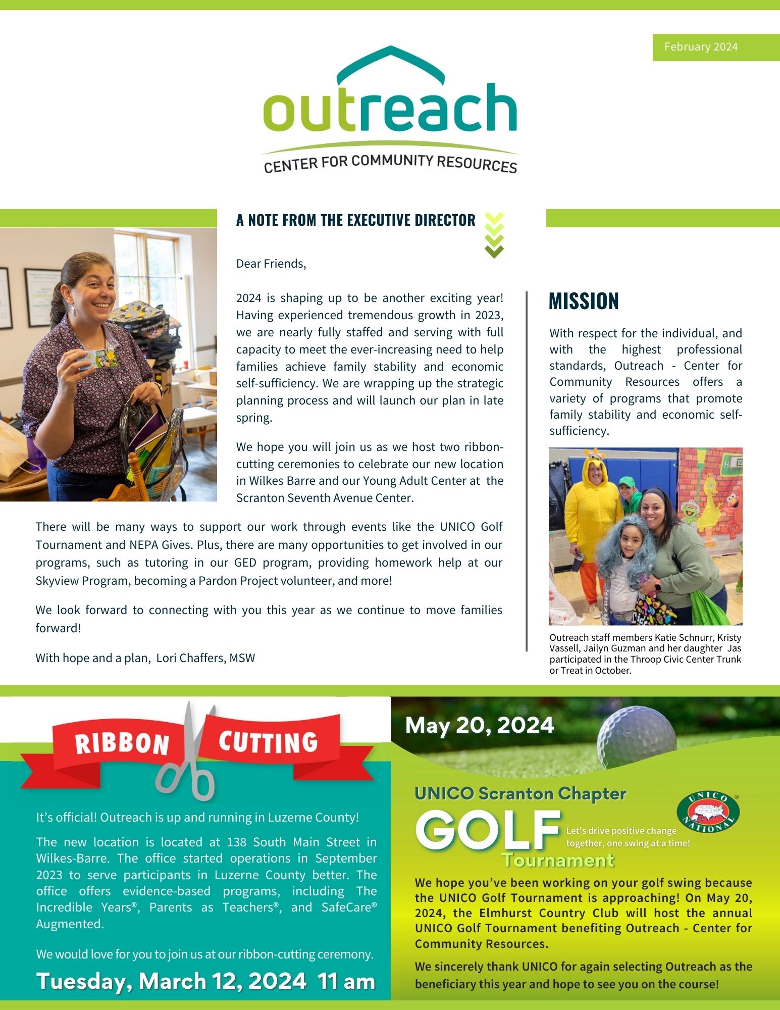 First page of current Outreach newsletter.