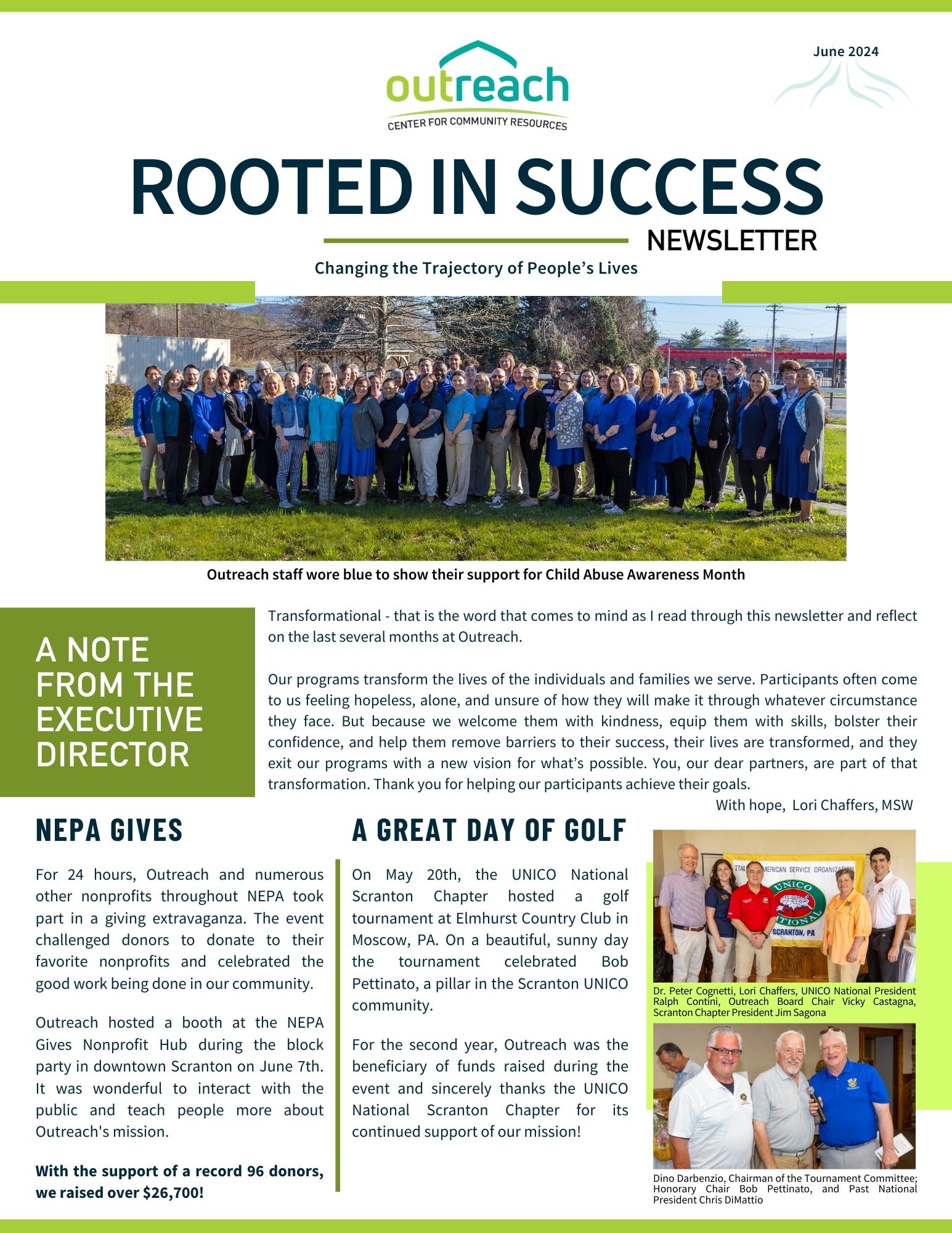 First page of current Outreach newsletter.