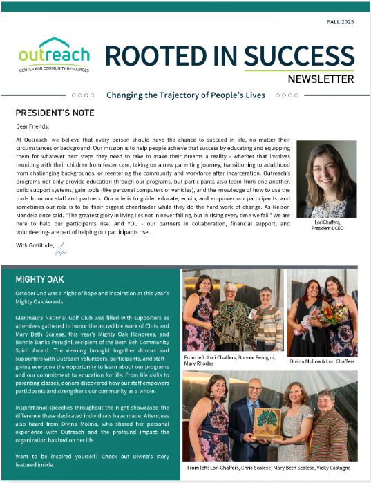 First page of current Outreach newsletter.